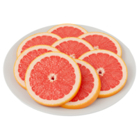 A white plate filled with several slices of a vibrant pink grapefruit arranged in a circular pattern transparent background png