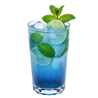Refreshing blue beverage with lime slices and mint sprigs in a clear glass on a plain setting transparent background png