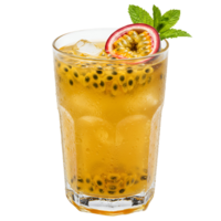 Tall glass filled with passion fruit juice and ice garnished with mint and fruit slice on top transparent background png