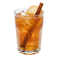 Iced drink in glass with cinnamon sticks and apple slice on top against a solid color backdrop transparent background png