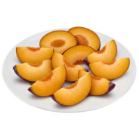 A white plate displaying several plum slices and plum halves arranged in a pleasing manner for eating transparent background png