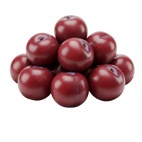 A group of ten vibrant plums piled together in a pyramid shape on a plain isolated surface view from above transparent background png