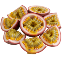Arrangement of several passion fruit halves showing pulp and seeds on a plain surface transparent background png