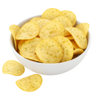 A white bowl filled with potato chips seasoned with herbs on a plain studio style setting view close up transparent background png