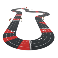 Aerial view of a winding race track with red accents and directional arrows on a plain backdrop transparent background png
