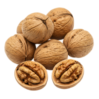 A group of whole walnuts with two walnuts cracked open showing the nut meat inside the shells near each other transparent background png