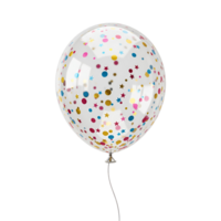 A single clear balloon filled with colorful confetti on a plain colored studio type setting view shot transparent background png