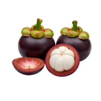 A display of several mangosteen fruits with some cut open showing the white pulp and purple rind transparent background png