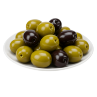 A plate filled with a mixture of green and purple olives arranged in a close up view from above transparent background png
