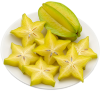 A plate featuring several sliced star fruits and a whole star fruit, showcasing the vibrant yellow color transparent background png