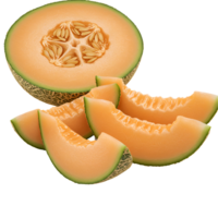 Close up of a halved cantaloupe with seeds and several slices on an isolated plain color space transparent background png