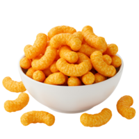 un blanco cuenco lleno con queso bocanadas y varios queso bocanadas dispersado alrededor el cuenco en el superficie transparente antecedentes png