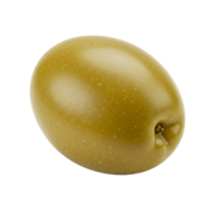 A single green olive presented against a plain backdrop in a close up studio style shot image transparent background png