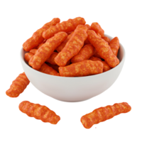 A white bowl filled with orange extruded corn snacks and some scattered on the surface around it transparent background png