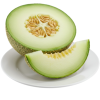 A halved cantaloupe and a slice on a white plate showcasing its seeds and textured rind in a close up view transparent background png