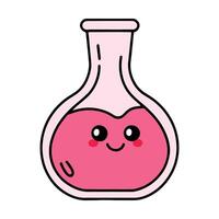 Kawaii chemistry lab flask illustration. Cute smiling flask with liquid inside, isolated on white background. Perfect for science, education, and school designs. vector