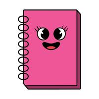 Pink book or notebook with a cheerful cartoon face, big round eyes, and a happy smile. This cute character is perfect for children designs, Isolated on a white background. vector