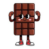 Cute chocolate bar character with a funny face, looking strong and healthy, isolated on white. vector