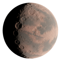 Aerial view of a planet with many craters and a red and gray surface in the vastness of space around it transparent background png