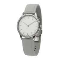 Close up of a wristwatch with a white face and a light gray band on a plain surrounding area transparent background png