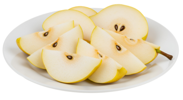 Sliced pears arranged on a plate showing seeds and stem ready to eat a healthy and tasty fruit snack transparent background png