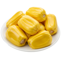 A pile of ripe jackfruit segments displayed on a white plate against a plain simple background transparent background png