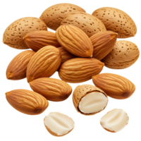 A close up view of a pile of almonds with some in their shells and some shelled on a transparent area transparent background png