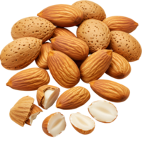 A pile of almonds with some cracked open showing the nut on a transparent background image view transparent background png