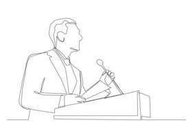 Continuous one line art of Public speaker giving a talk at conference hall. Business conference, business meeting. Man at rostrum in front of audience. vector