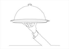 Continuous line drawing of hand serving tray of food. vector