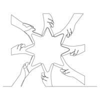 One continuous line drawing group of young male and female business people unite their hands together to form a eight star shape. Unity teamwork concept single line draw design. vector