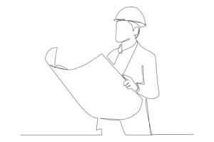 Single continuous line drawing of young architect discussing construction design with foreman manager. One line draw design graphic illustration. vector