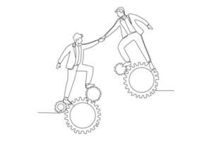 Single one line drawing two young businessmen helping each other to go up to pile of cogs. Teamwork people trust assistance. vector