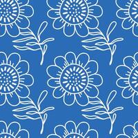 Seamless pattern with colorful funny flower designs on a blue background. A pattern with cute botanical designs. vector