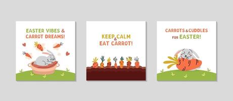 Easter Greeting Card Set. Bunny in various poses, dreaming of carrots. Carrot garden. Square spring posters with funny inscriptions. For social media, invitation, decorations. illustration. vector