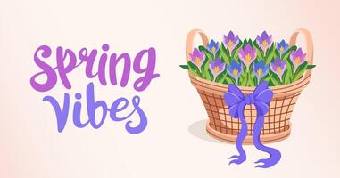 Spring vibes banner with Festive Basket and spring crocus. Spring background with flowers for holiday greeting, invitation. flat illustration. vector