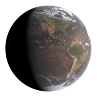Planet earth view from space showing continents and oceans with a transition to shadow on the left transparent background png