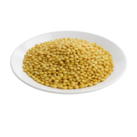 A white plate filled with a mound of small yellow lentils against a plain contrasting surface transparent background png