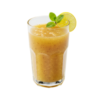 A glass of yellow smoothie with a lemon slice and mint sprig on a plain background isolated shot transparent background png