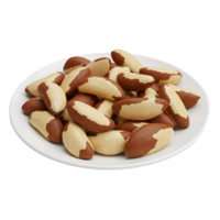 A white plate filled with a pile of brazil nuts with light and brown color on a plain surface view transparent background png