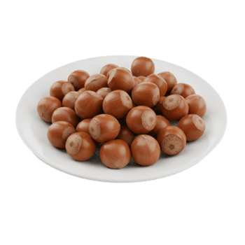 un plato lleno con avellanas mostrando su redondo forma y marrón color en contra un llanura ajuste transparente antecedentes png