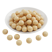 A white bowl filled with macadamia nuts and some scattered around on a plain colored surface transparent background png