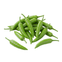 A pile of vibrant light green chili peppers with stems on a plain surface is displayed closely transparent background png