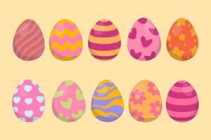 Set of ten colorful Easter eggs with various patterns, including stripes, stars, hearts, waves, and flowers. Perfect for festive decorations, greeting cards, and digital artwork. vector