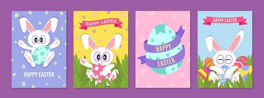 Happy Easter greeting card set, Bunny in glasses with big eyes holds Easter eggs, template vector