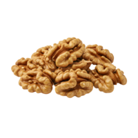 A close up view of a pile of walnut halves against a plain isolated solid color space around them transparent background png