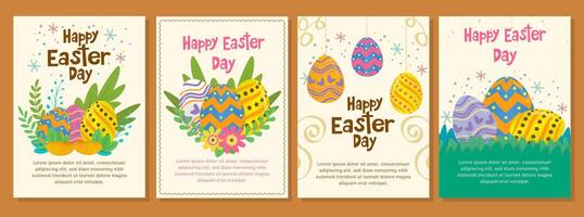 Easter collection of vertical greeting cards template. Design with flowers and painted eggs on the grass. Hand drawn flat illustration vector