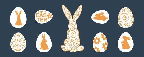 Minimalist Easter design featuring a decorative bunny silhouette with swirl patterns and Easter eggs adorned with floral and rabbit motifs. A modern composition in orange and white on dark background. vector