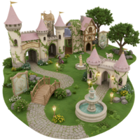 Overhead view of a toy castle with towers, bridges, fountains, and lush green landscaping around it transparent background png
