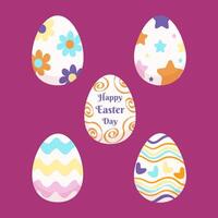 Cute Easter egg with Happy Easter Day text on a pastel pink background. Decorated eggs with floral, star, heart and wave patterns. vector
